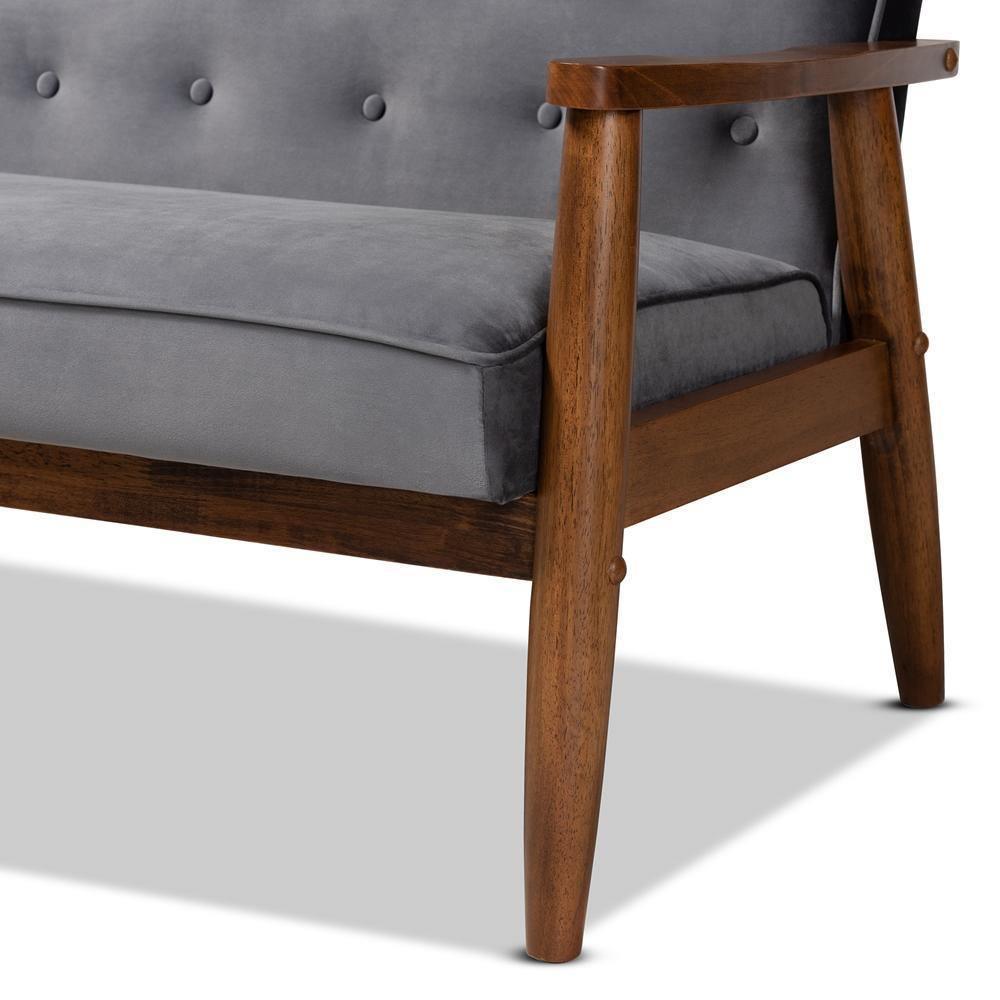 Sorrento Mid-century Modern Grey Velvet Fabric Upholstered Walnut Finished 3-Piece Wooden Living Room Set FredCo