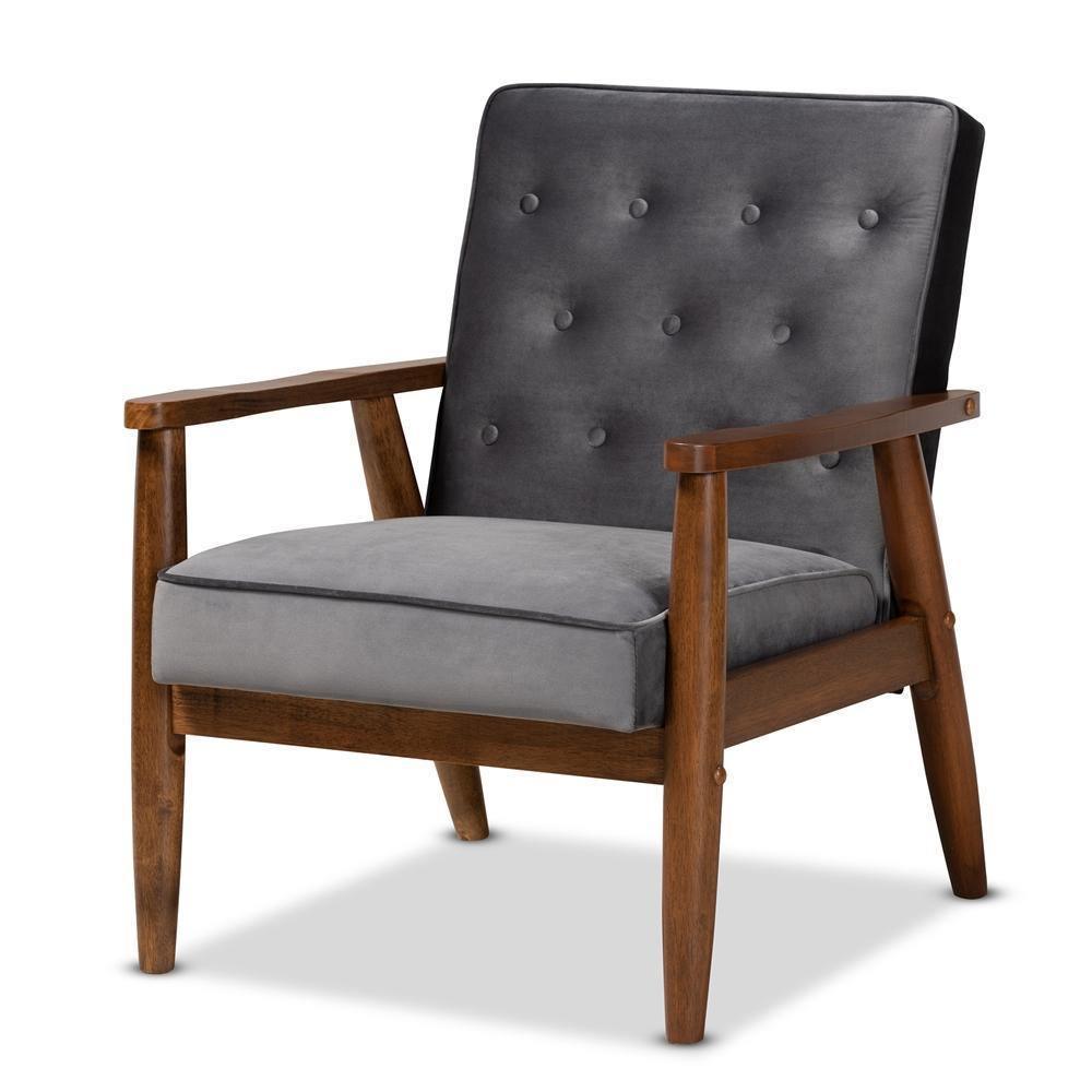 Sorrento Mid-century Modern Grey Velvet Fabric Upholstered Walnut Finished 3-Piece Wooden Living Room Set FredCo