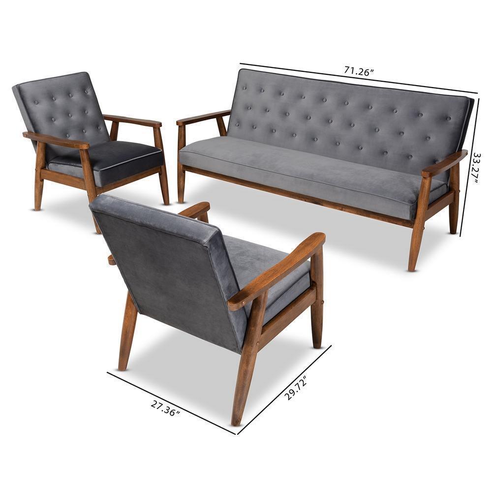 Sorrento Mid-century Modern Grey Velvet Fabric Upholstered Walnut Finished 3-Piece Wooden Living Room Set FredCo