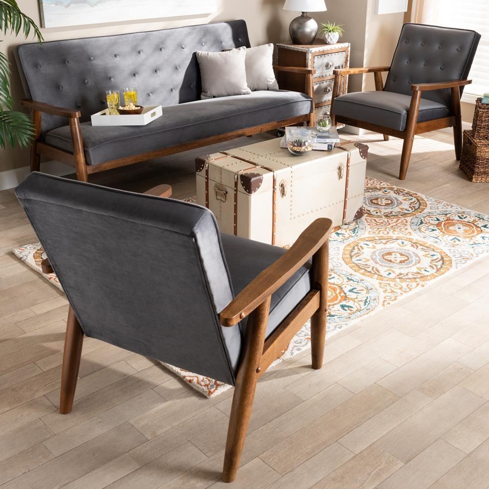 Sorrento Mid-century Modern Grey Velvet Fabric Upholstered Walnut Finished 3-Piece Wooden Living Room Set FredCo
