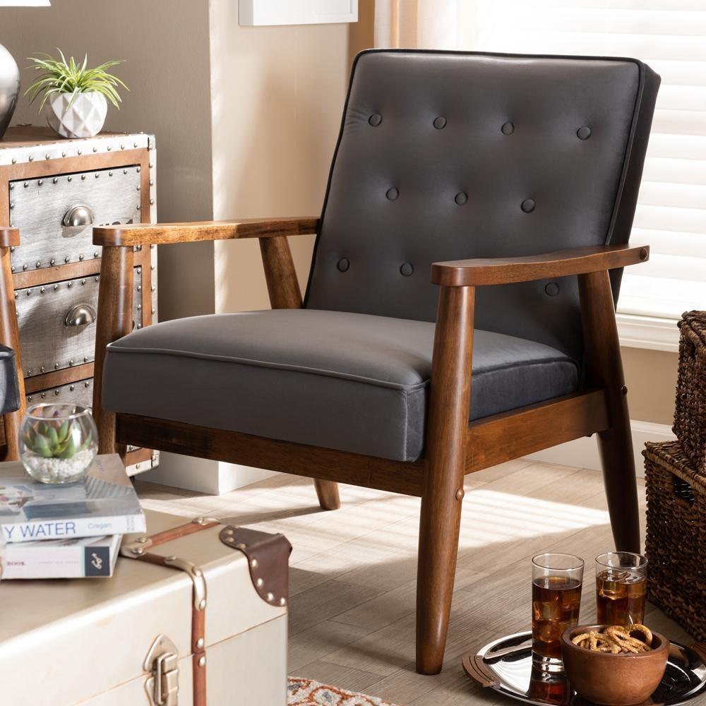 Sorrento Mid-century Modern Grey Velvet Fabric Upholstered Walnut Finished Wooden Lounge Chair FredCo