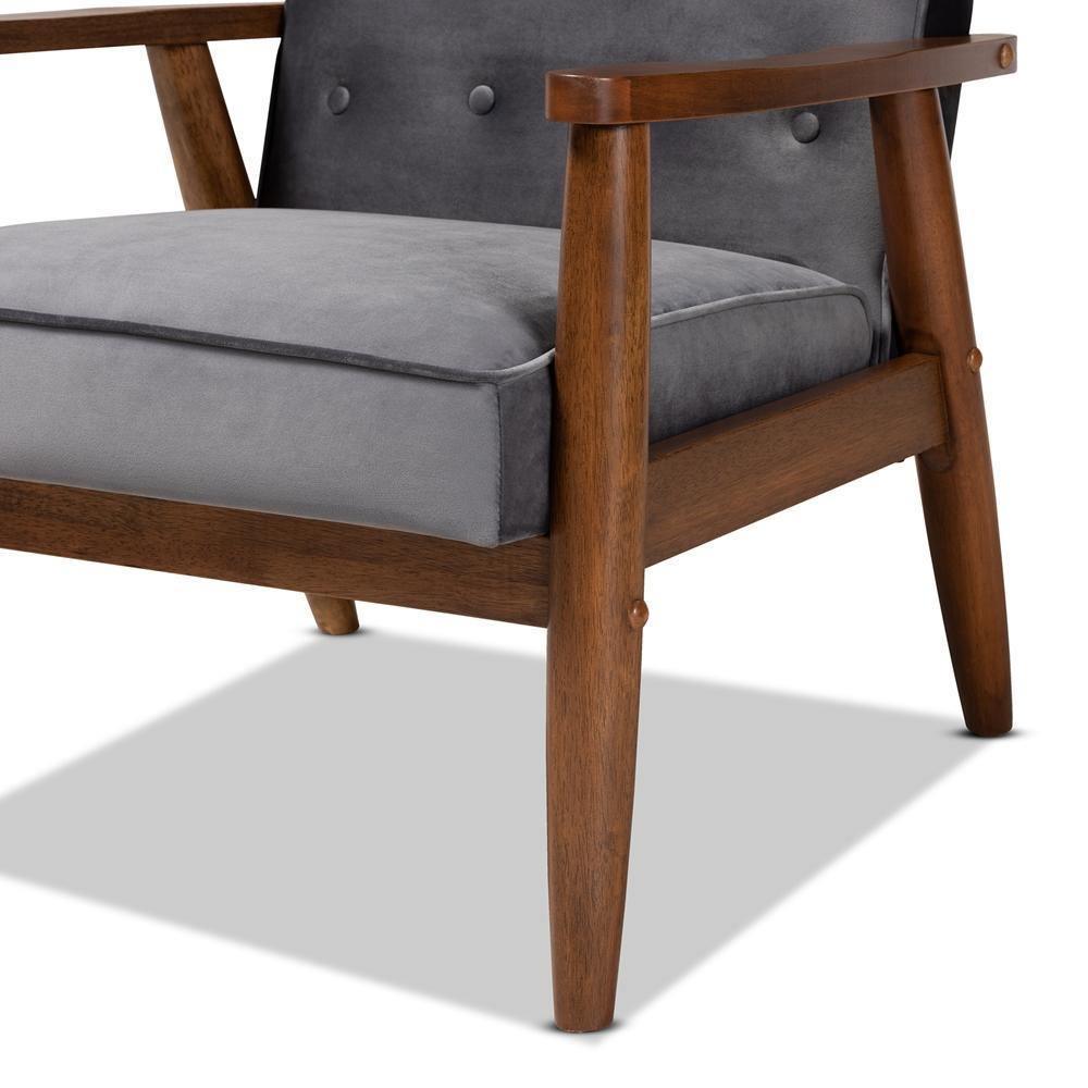 Sorrento Mid-century Modern Grey Velvet Fabric Upholstered Walnut Finished Wooden Lounge Chair FredCo