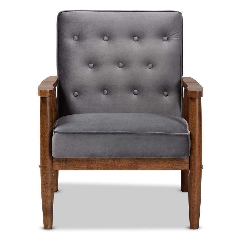 Sorrento Mid-century Modern Grey Velvet Fabric Upholstered Walnut Finished Wooden Lounge Chair FredCo
