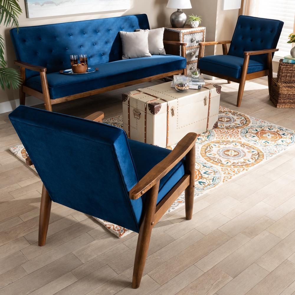 Sorrento Mid-century Modern Navy Blue Velvet Fabric Upholstered Walnut Finished 3-Piece Wooden Living Room Set FredCo