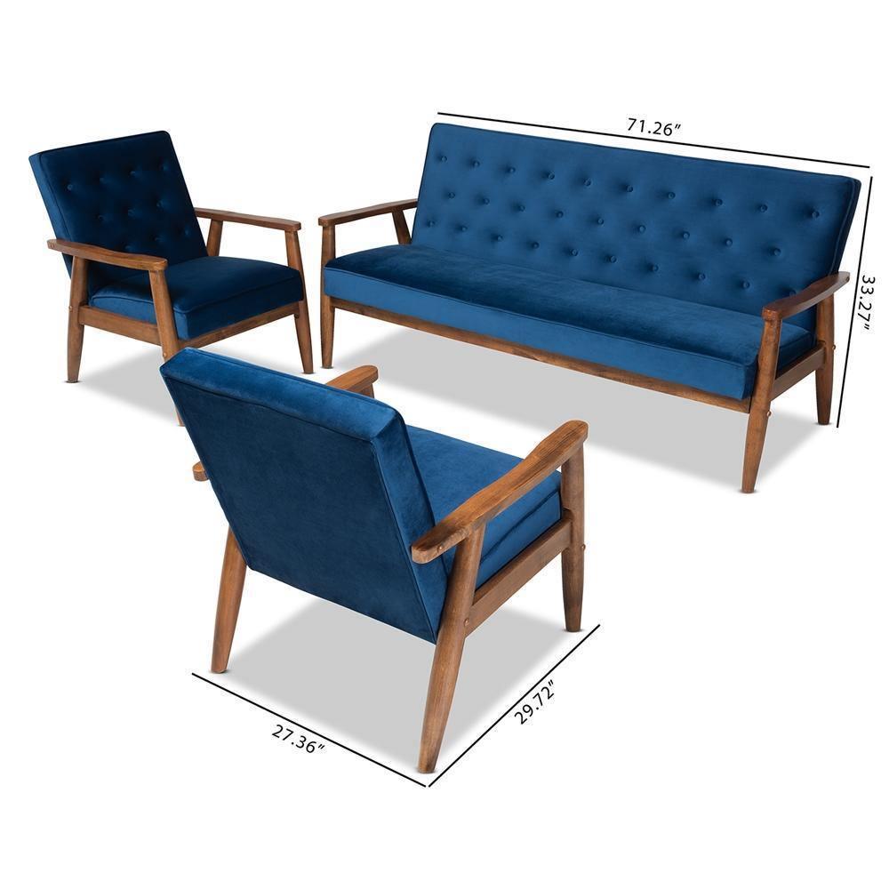 Sorrento Mid-century Modern Navy Blue Velvet Fabric Upholstered Walnut Finished 3-Piece Wooden Living Room Set FredCo