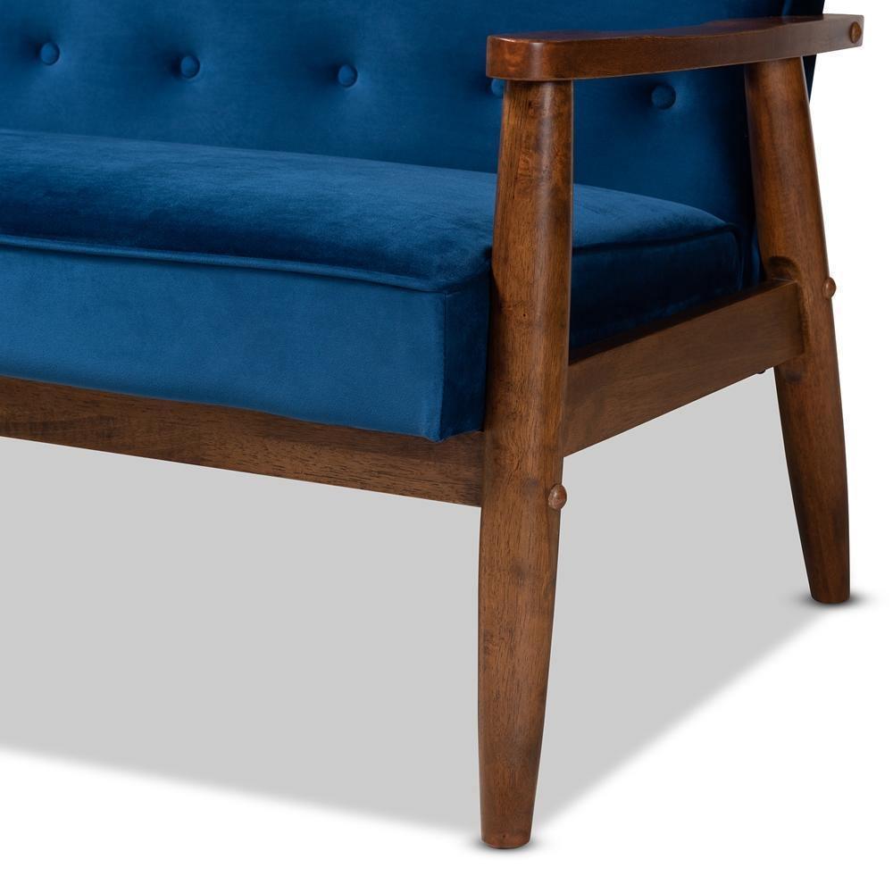 Sorrento Mid-century Modern Navy Blue Velvet Fabric Upholstered Walnut Finished 3-Piece Wooden Living Room Set FredCo