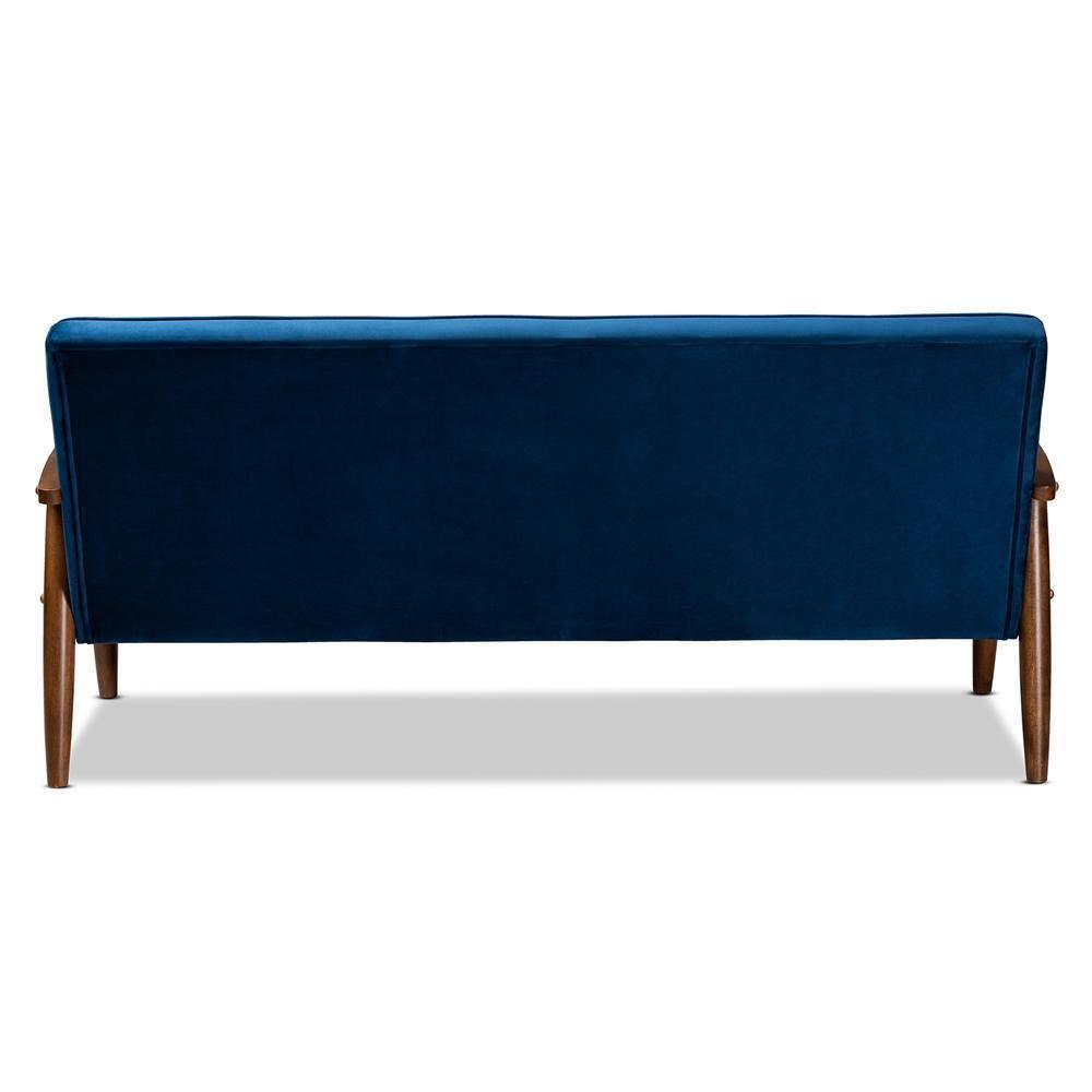 Sorrento Mid-century Modern Navy Blue Velvet Fabric Upholstered Walnut Finished Wooden 3-seater Sofa FredCo
