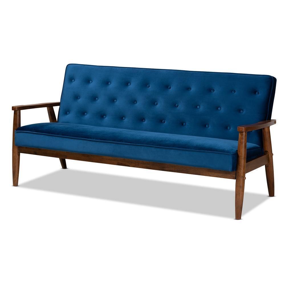 Sorrento Mid-century Modern Navy Blue Velvet Fabric Upholstered Walnut Finished Wooden 3-seater Sofa FredCo