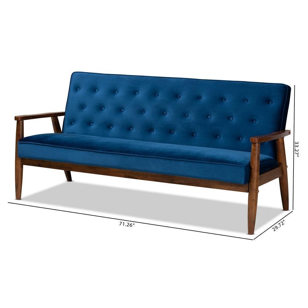 Sorrento Mid-century Modern Navy Blue Velvet Fabric Upholstered Walnut Finished Wooden 3-seater Sofa FredCo