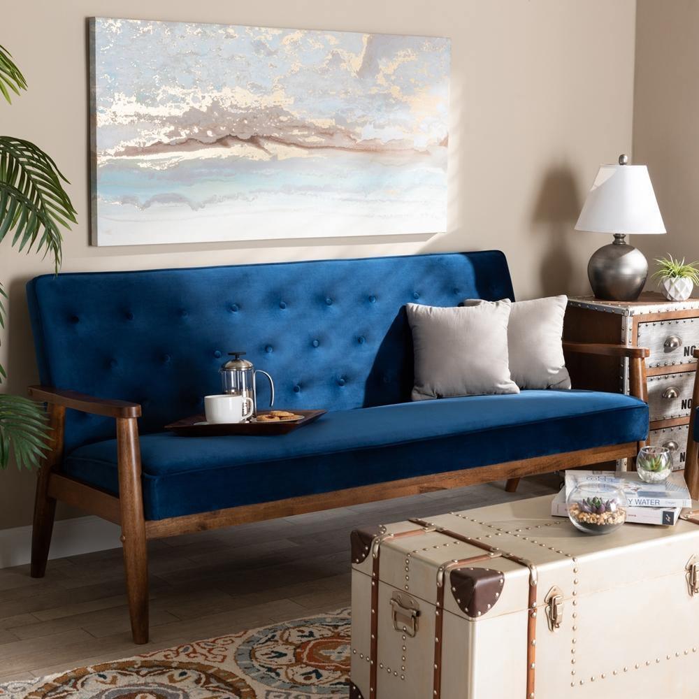 Sorrento Mid-century Modern Navy Blue Velvet Fabric Upholstered Walnut Finished Wooden 3-seater Sofa FredCo