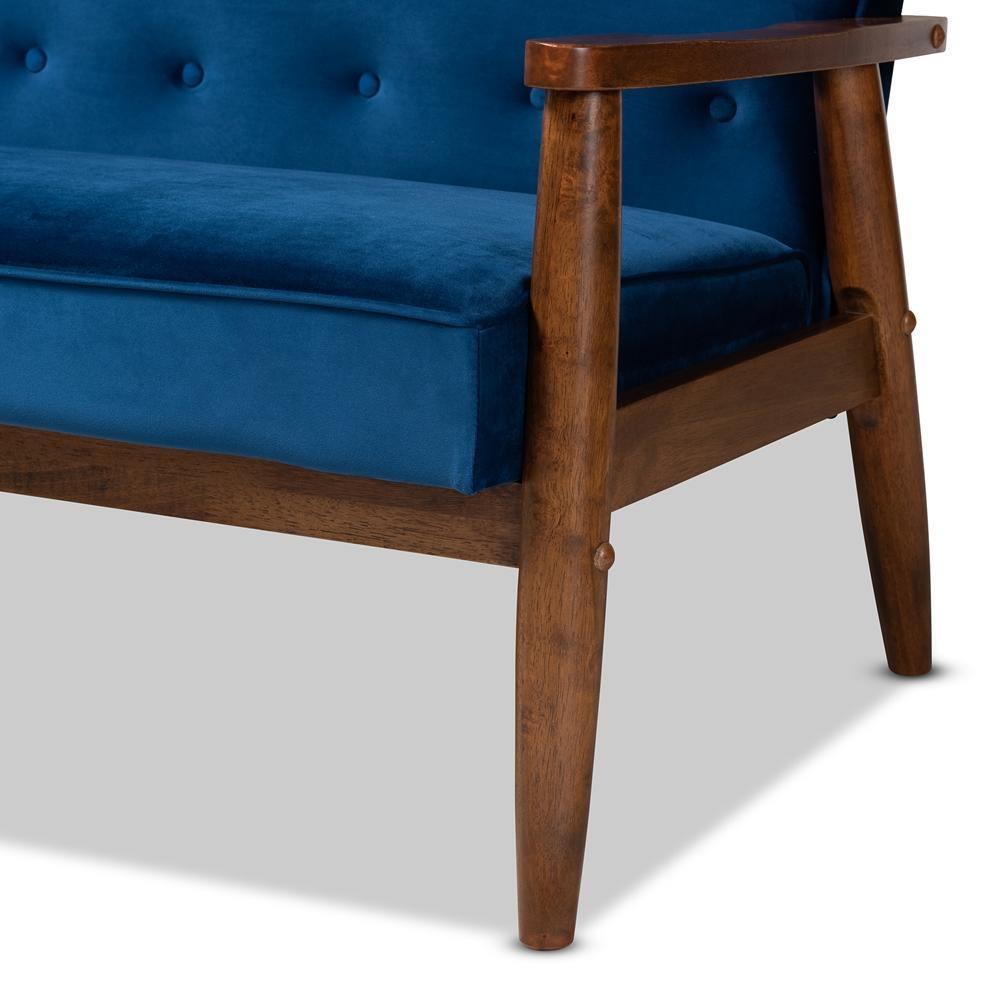 Sorrento Mid-century Modern Navy Blue Velvet Fabric Upholstered Walnut Finished Wooden 3-seater Sofa FredCo