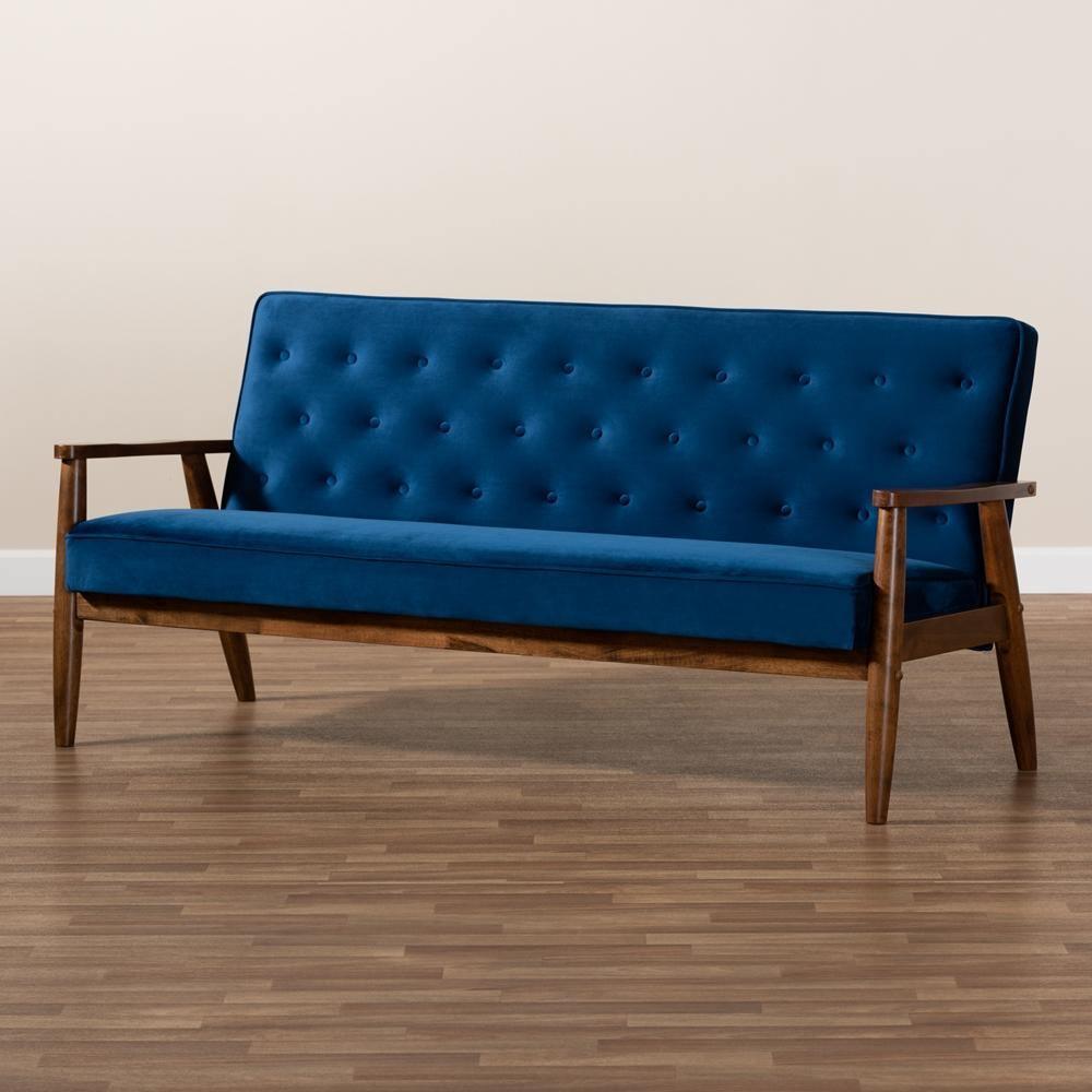 Sorrento Mid-century Modern Navy Blue Velvet Fabric Upholstered Walnut Finished Wooden 3-seater Sofa FredCo