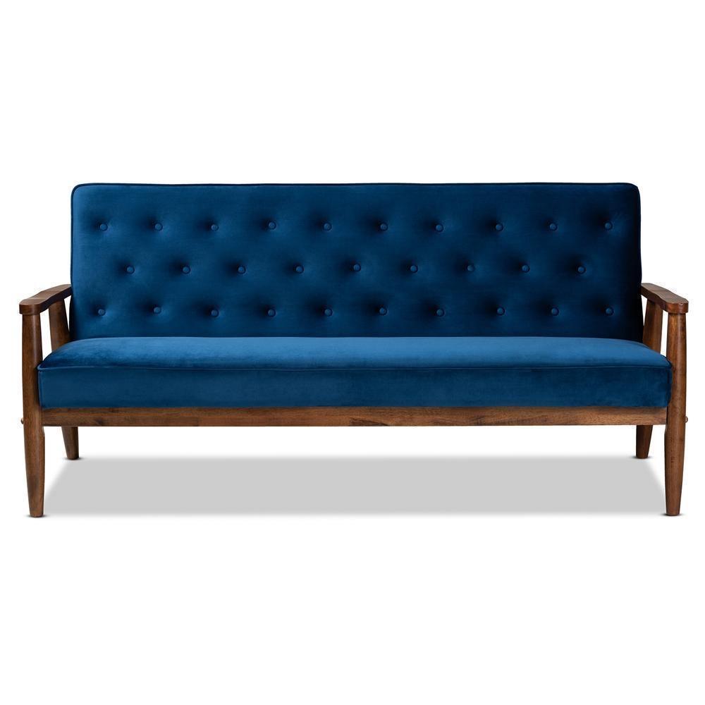 Sorrento Mid-century Modern Navy Blue Velvet Fabric Upholstered Walnut Finished Wooden 3-seater Sofa FredCo
