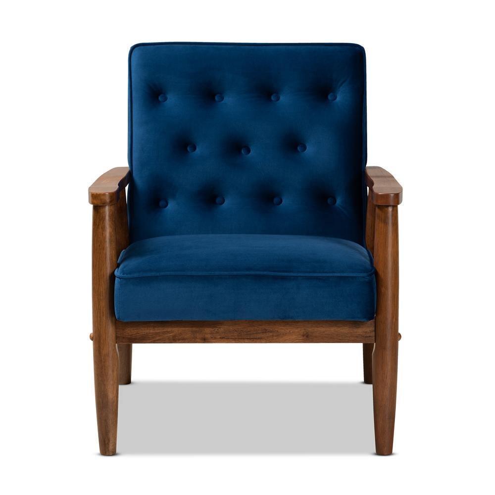 Sorrento Mid-century Modern Navy Blue Velvet Fabric Upholstered Walnut Finished Wooden Lounge Chair FredCo
