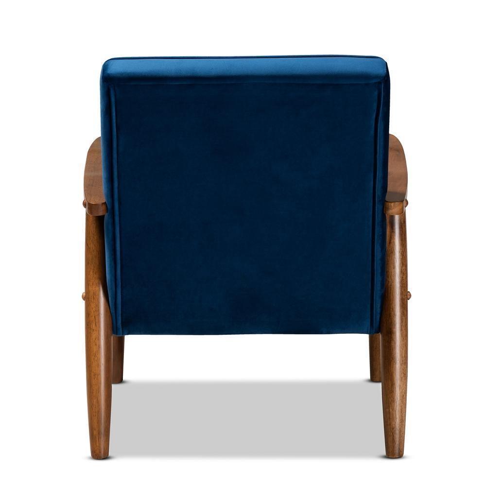 Sorrento Mid-century Modern Navy Blue Velvet Fabric Upholstered Walnut Finished Wooden Lounge Chair FredCo
