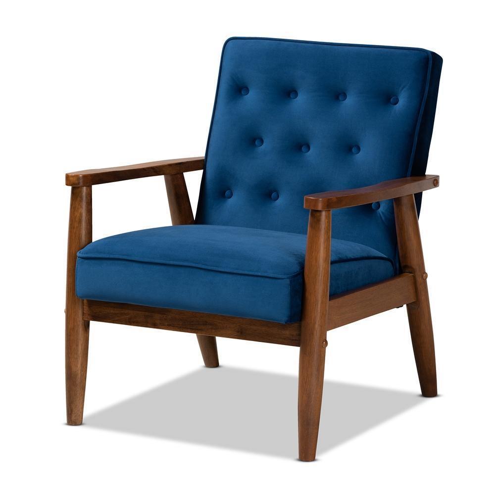 Sorrento Mid-century Modern Navy Blue Velvet Fabric Upholstered Walnut Finished Wooden Lounge Chair FredCo