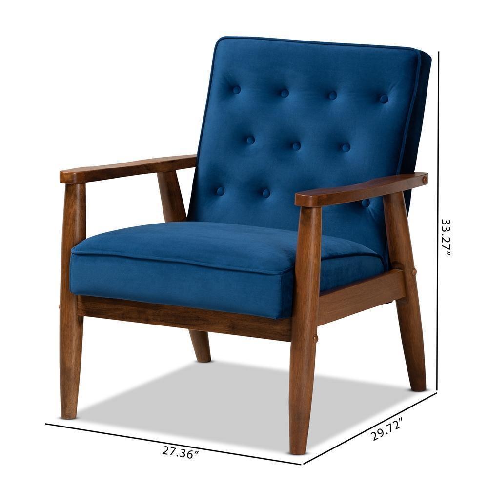 Sorrento Mid-century Modern Navy Blue Velvet Fabric Upholstered Walnut Finished Wooden Lounge Chair FredCo