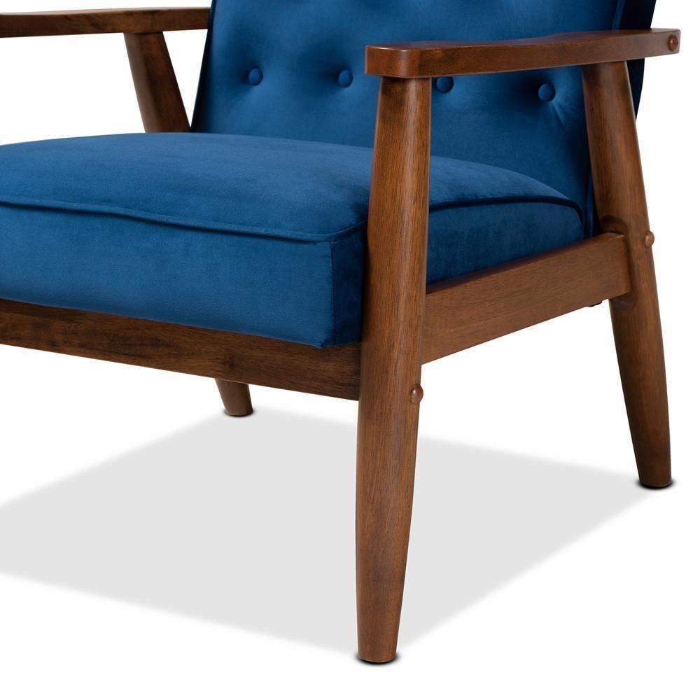 Sorrento Mid-century Modern Navy Blue Velvet Fabric Upholstered Walnut Finished Wooden Lounge Chair FredCo
