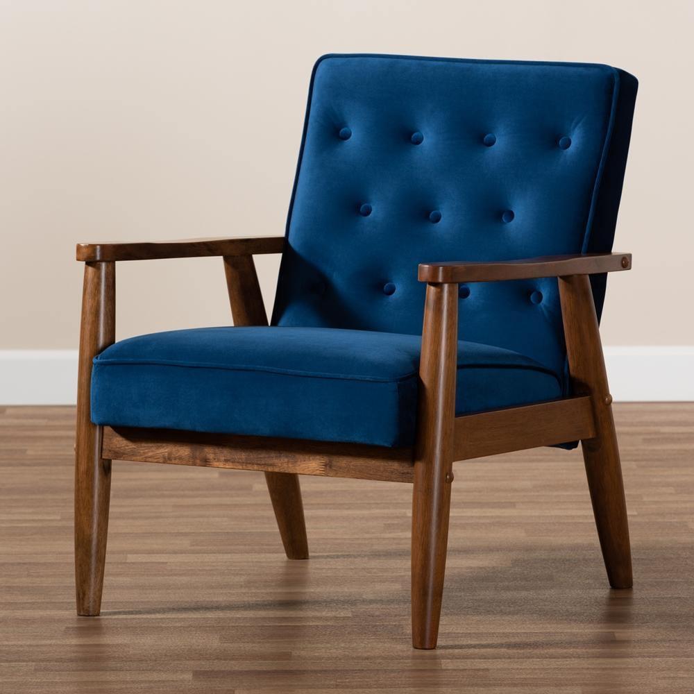 Sorrento Mid-century Modern Navy Blue Velvet Fabric Upholstered Walnut Finished Wooden Lounge Chair FredCo