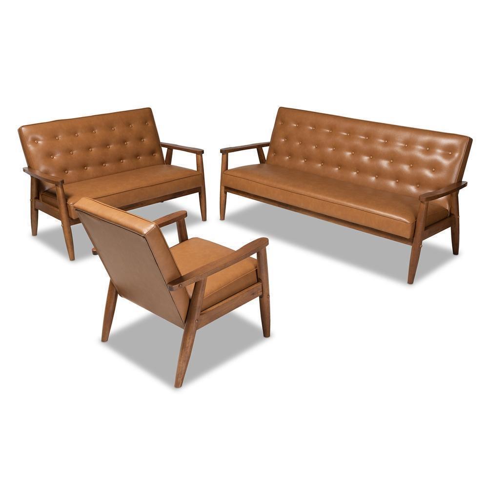 Sorrento Mid-Century Modern Tan Faux Leather Upholstered and Walnut Brown Finished Wood 3-Piece Living Room Set FredCo
