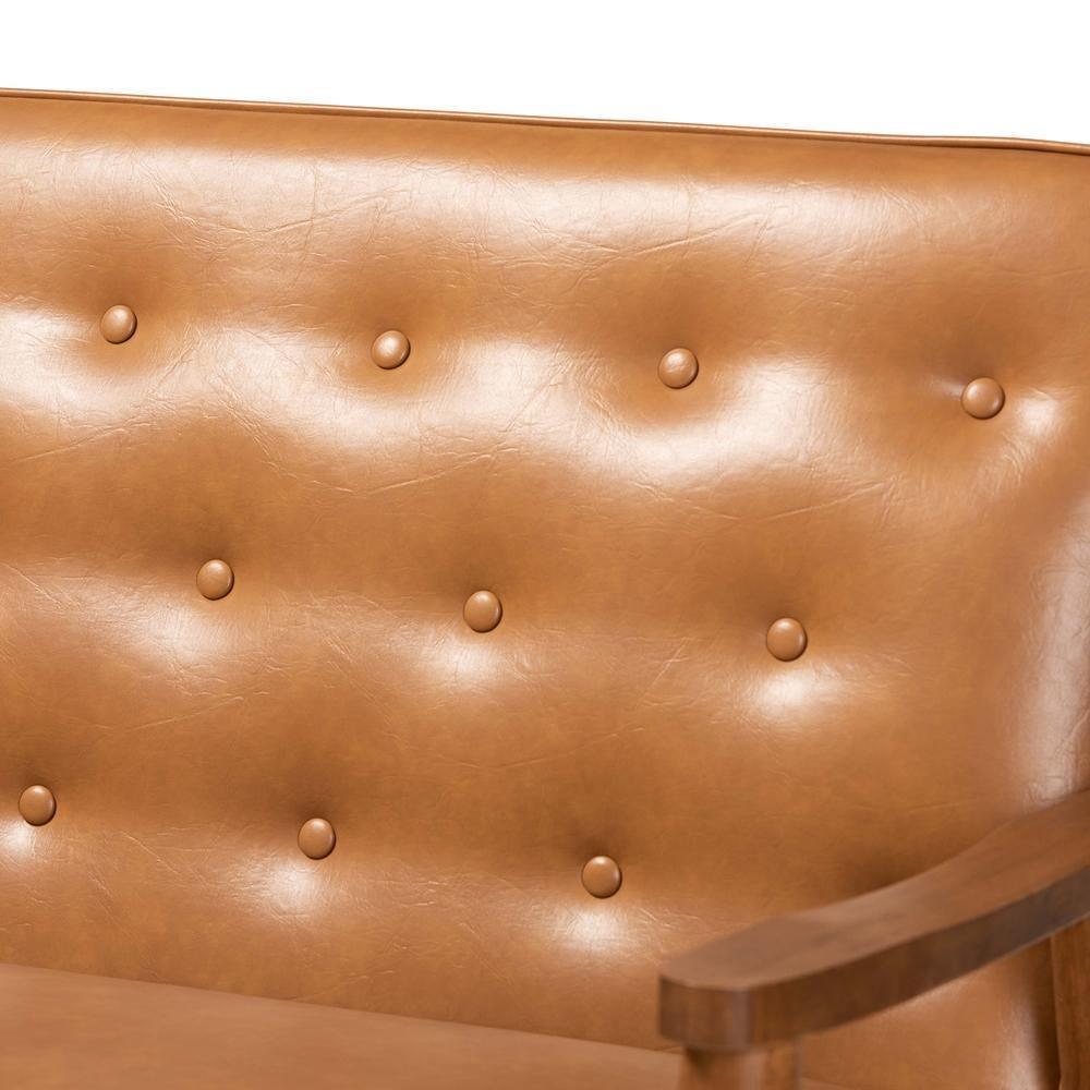 Sorrento Mid-Century Modern Tan Faux Leather Upholstered and Walnut Brown Finished Wood 3-Piece Living Room Set FredCo