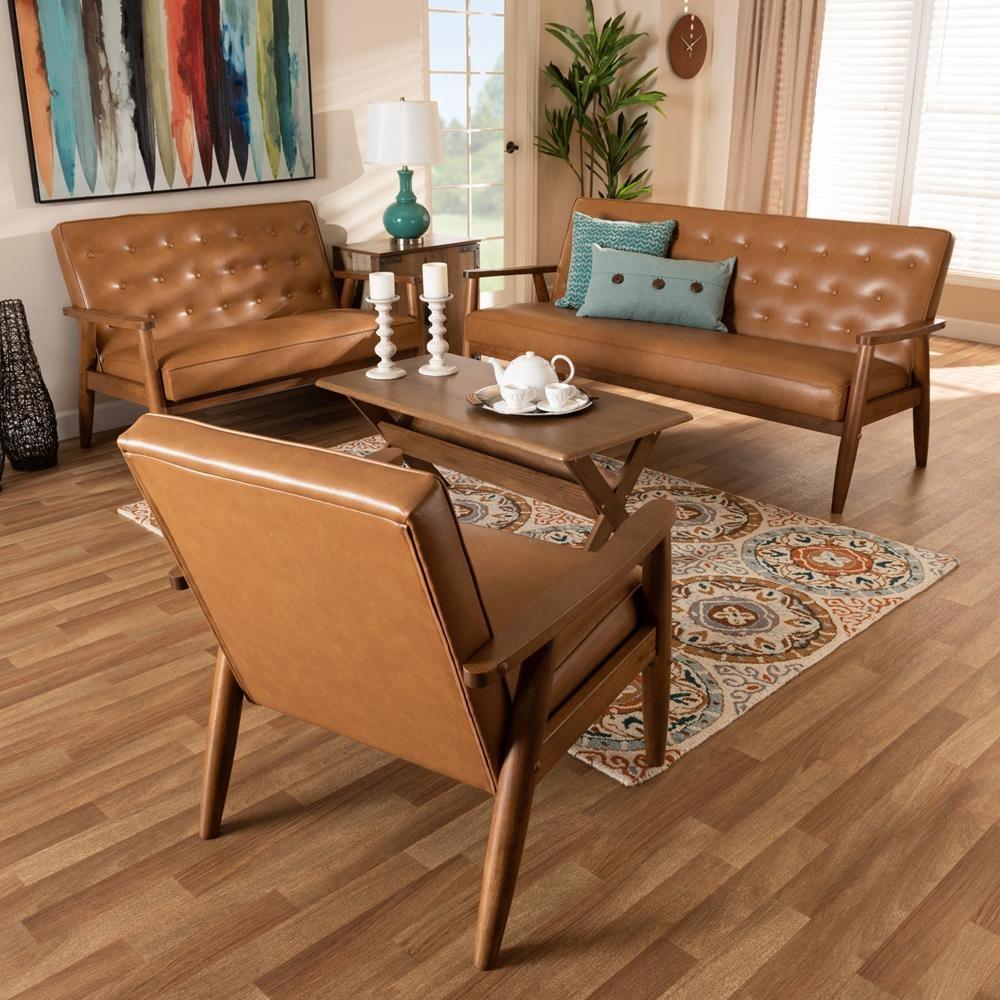 Sorrento Mid-Century Modern Tan Faux Leather Upholstered and Walnut Brown Finished Wood 3-Piece Living Room Set FredCo