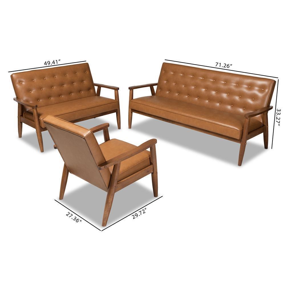 Sorrento Mid-Century Modern Tan Faux Leather Upholstered and Walnut Brown Finished Wood 3-Piece Living Room Set FredCo