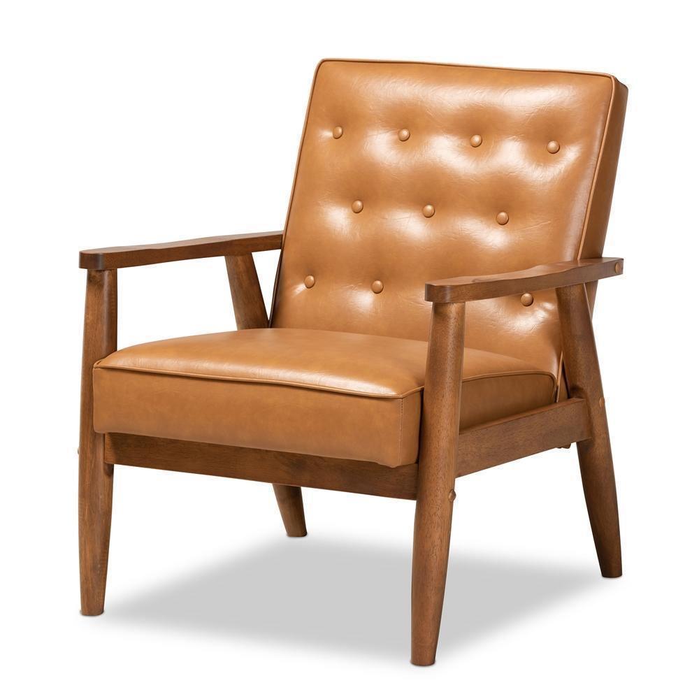 Sorrento Mid-Century Modern Tan Faux Leather Upholstered and Walnut Brown Finished Wood 3-Piece Living Room Set FredCo