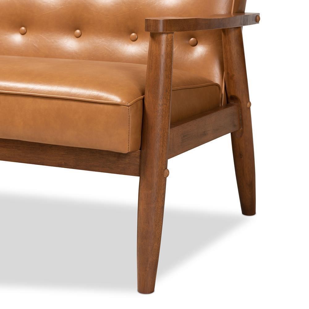 Sorrento Mid-Century Modern Tan Faux Leather Upholstered and Walnut Brown Finished Wood 3-Piece Living Room Set FredCo