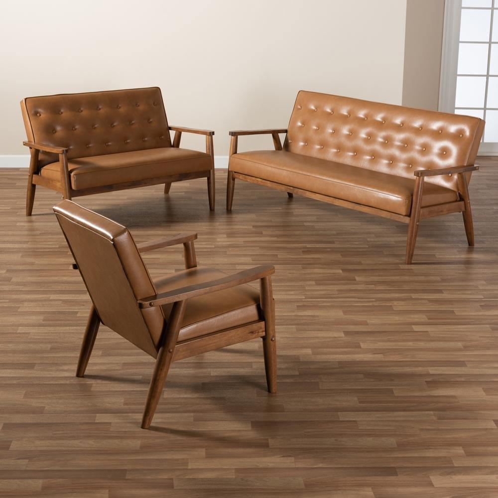 Sorrento Mid-Century Modern Tan Faux Leather Upholstered and Walnut Brown Finished Wood 3-Piece Living Room Set FredCo