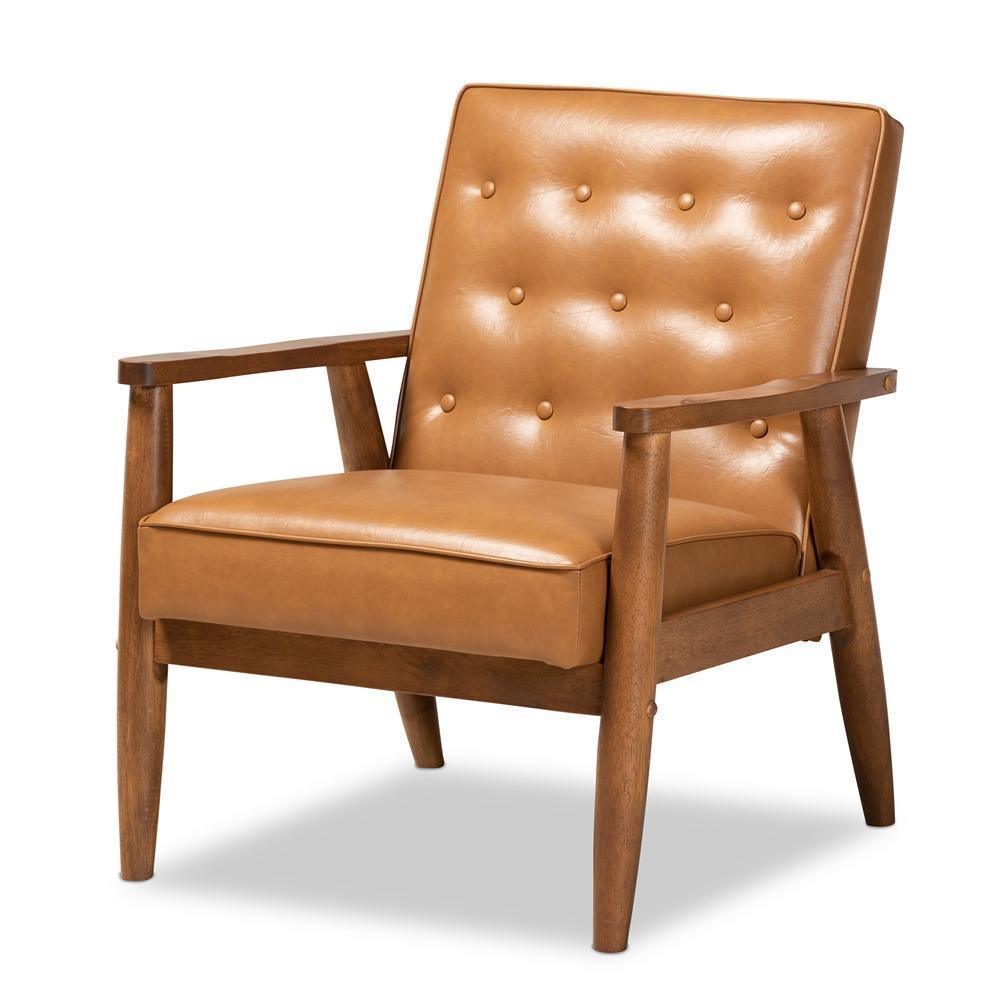 Sorrento Mid-Century Modern Tan Faux Leather Upholstered and Walnut Brown Finished Wood Lounge Chair FredCo