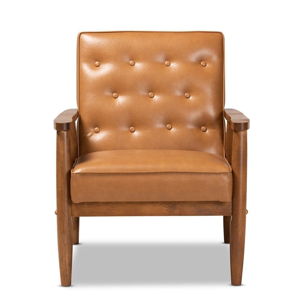 Sorrento Mid-Century Modern Tan Faux Leather Upholstered and Walnut Brown Finished Wood Lounge Chair FredCo