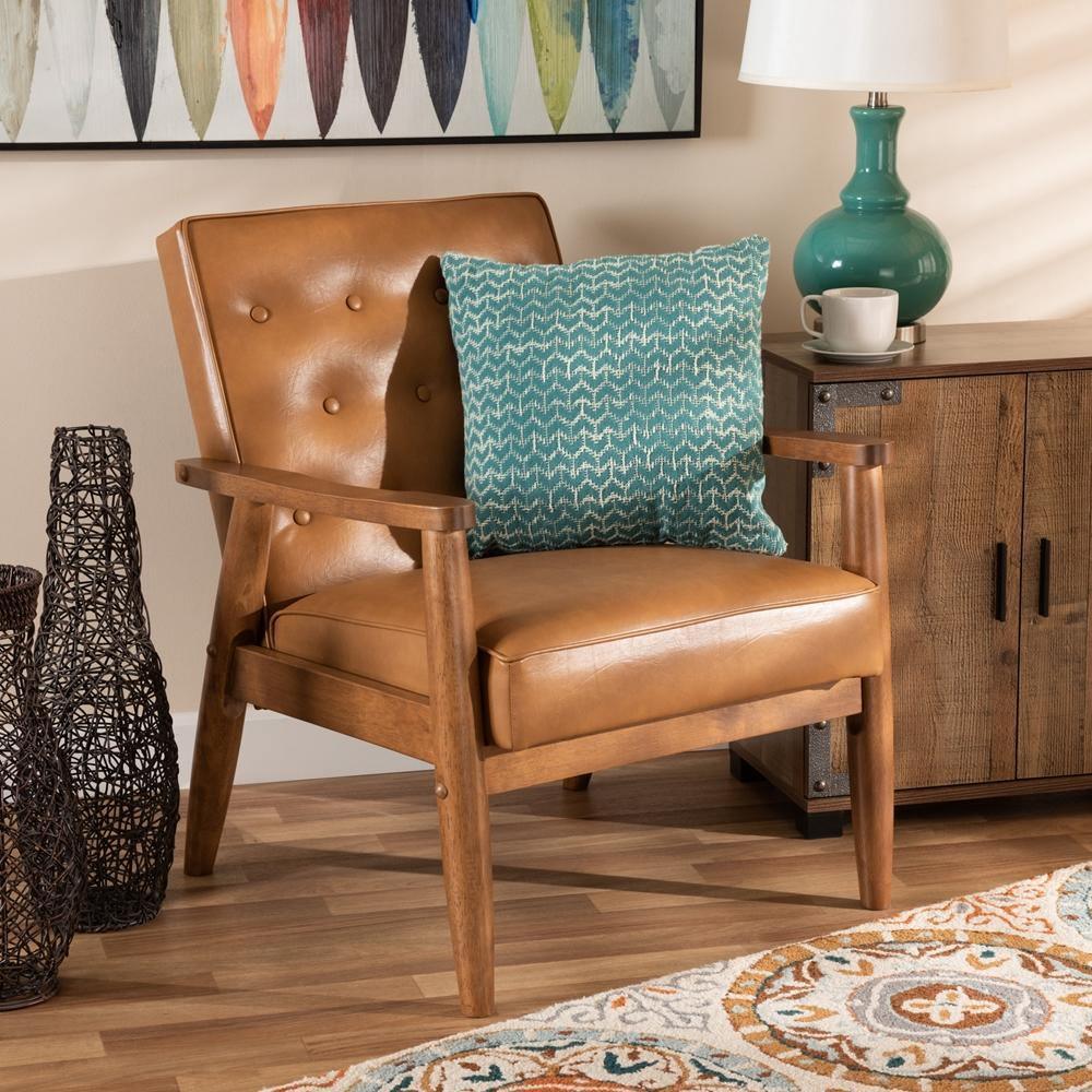 Sorrento Mid-Century Modern Tan Faux Leather Upholstered and Walnut Brown Finished Wood Lounge Chair FredCo