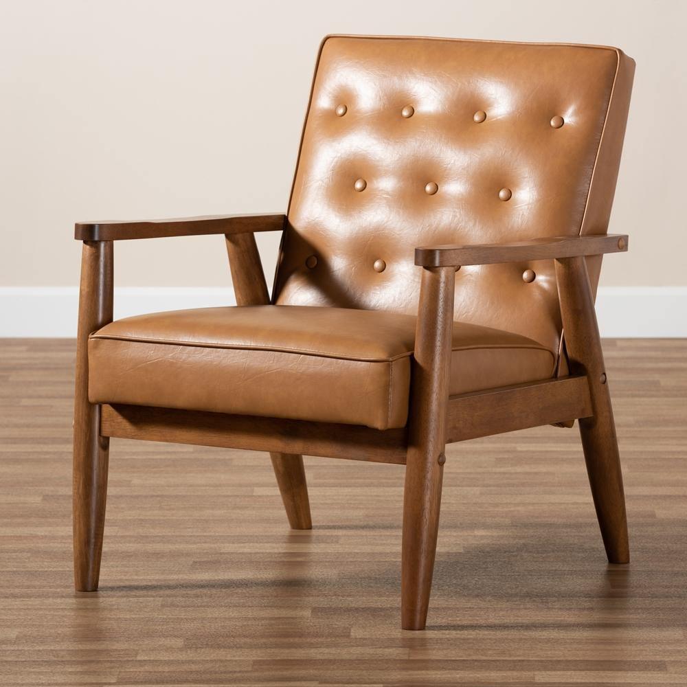 Sorrento Mid-Century Modern Tan Faux Leather Upholstered and Walnut Brown Finished Wood Lounge Chair FredCo