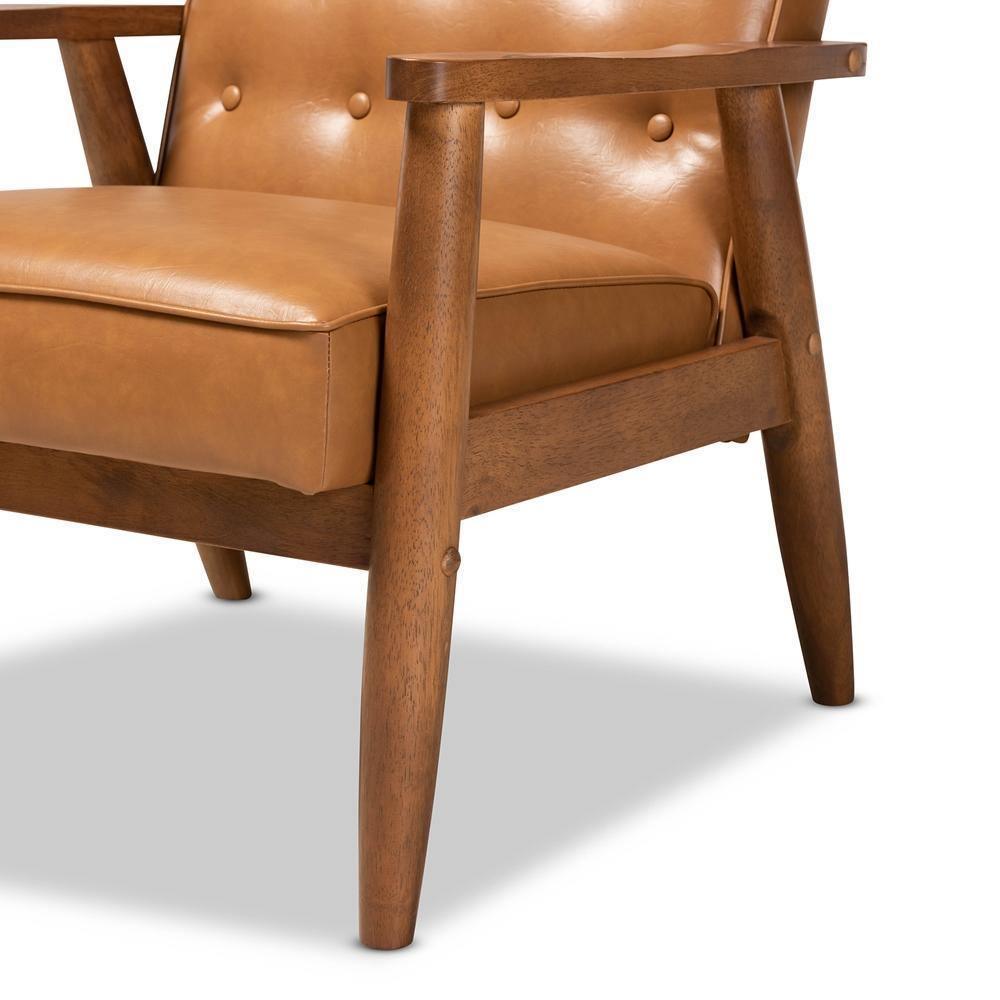 Sorrento Mid-Century Modern Tan Faux Leather Upholstered and Walnut Brown Finished Wood Lounge Chair FredCo
