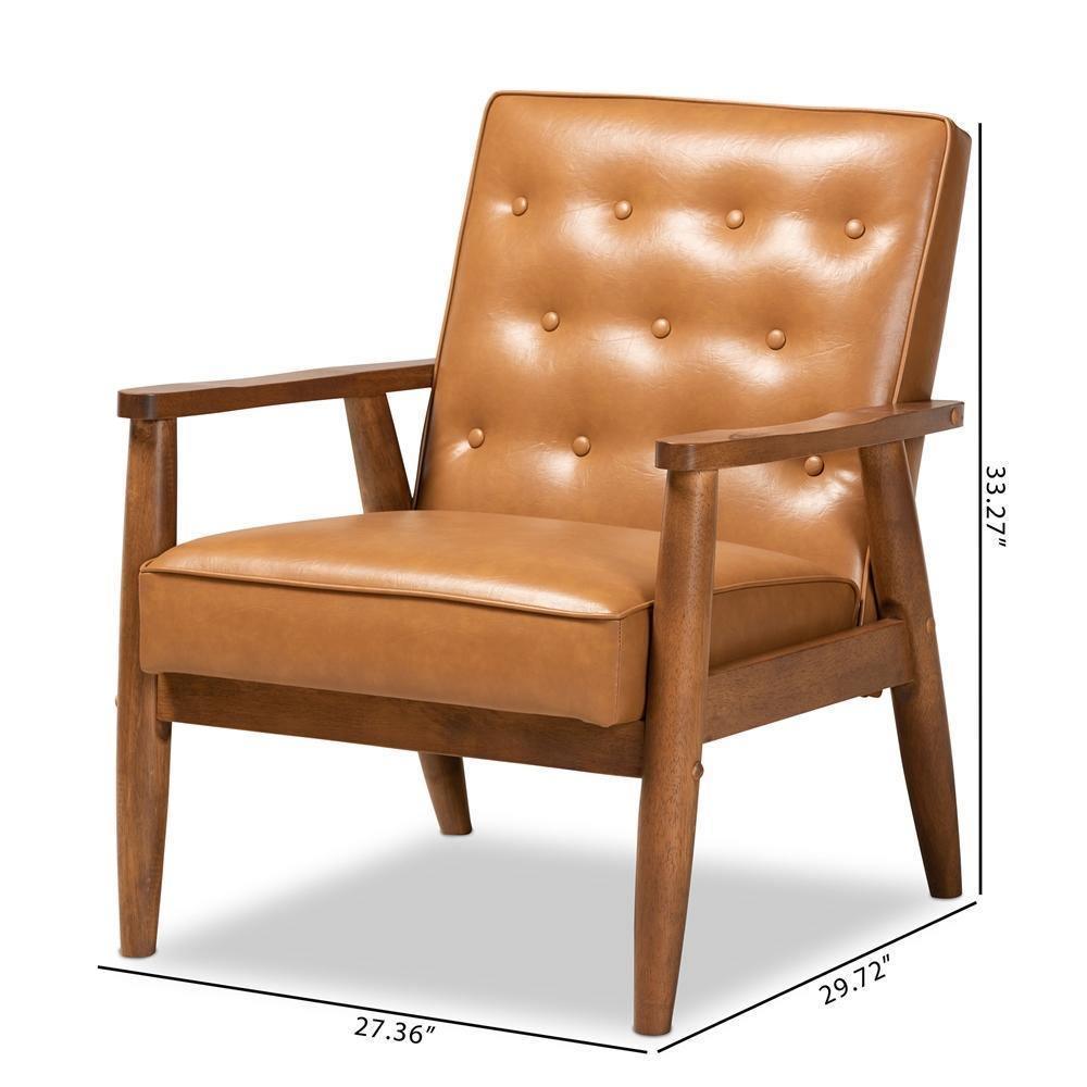 Sorrento Mid-Century Modern Tan Faux Leather Upholstered and Walnut Brown Finished Wood Lounge Chair FredCo