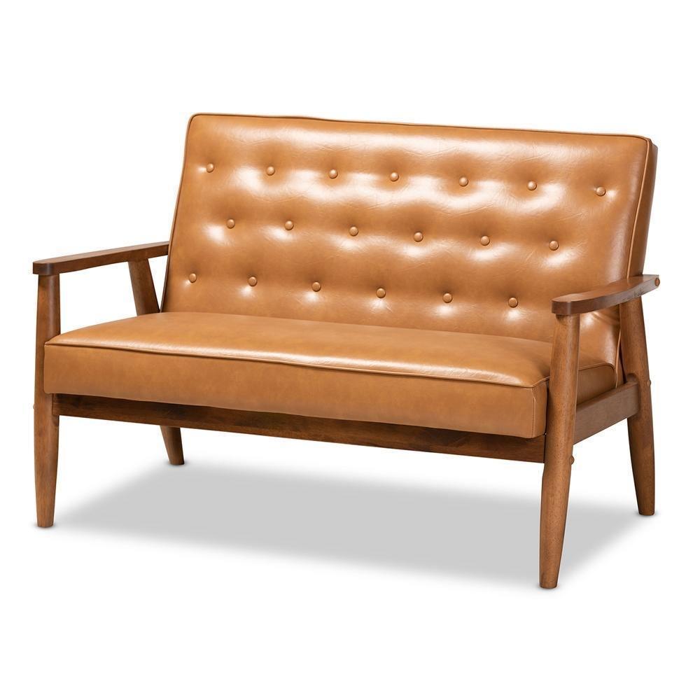 Sorrento Mid-Century Modern Tan Faux Leather Upholstered and Walnut Brown Finished Wood Loveseat FredCo