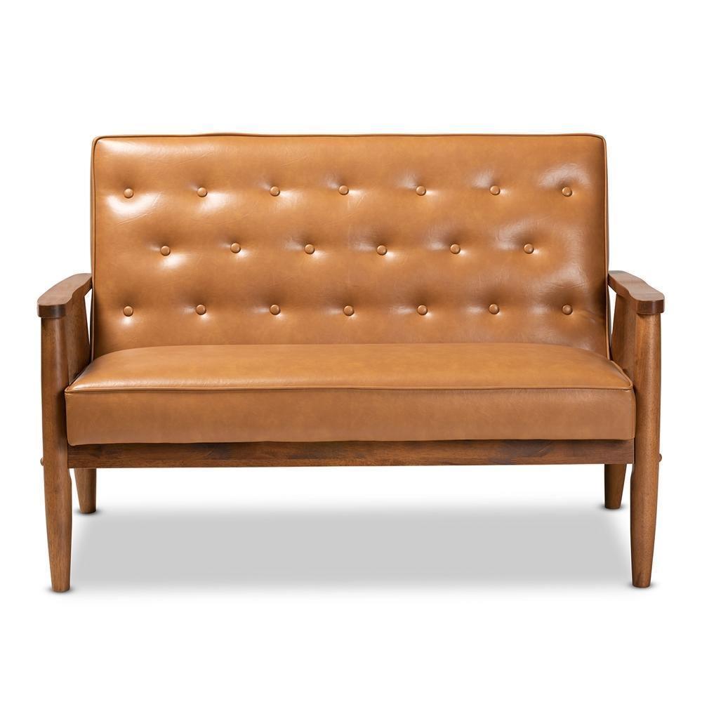 Sorrento Mid-Century Modern Tan Faux Leather Upholstered and Walnut Brown Finished Wood Loveseat FredCo