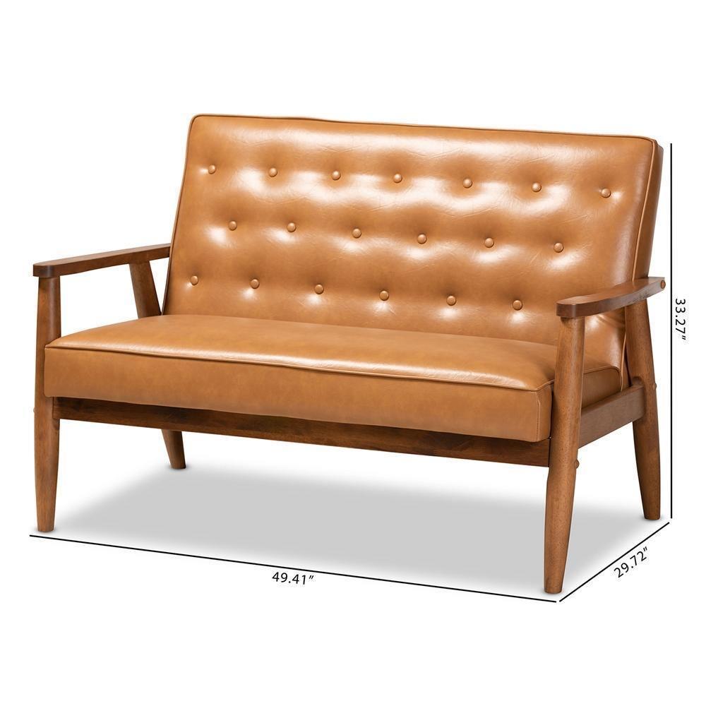 Sorrento Mid-Century Modern Tan Faux Leather Upholstered and Walnut Brown Finished Wood Loveseat FredCo