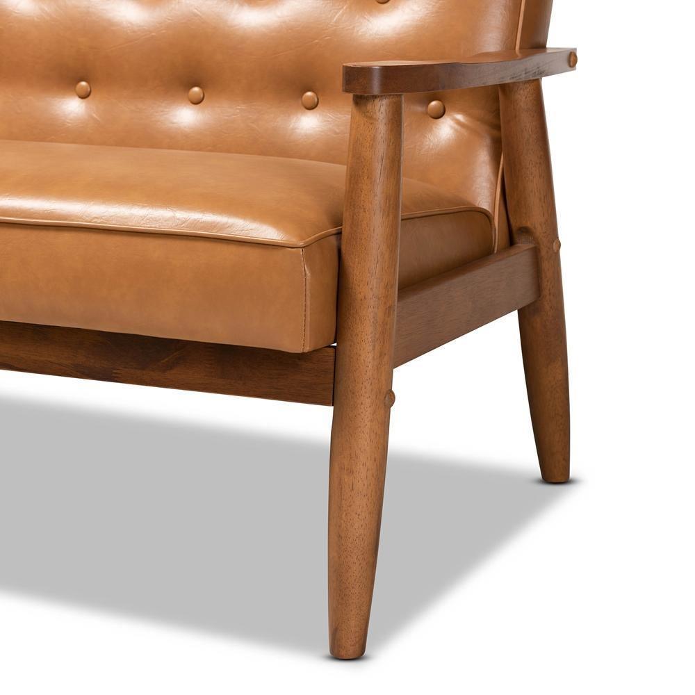Sorrento Mid-Century Modern Tan Faux Leather Upholstered and Walnut Brown Finished Wood Loveseat FredCo