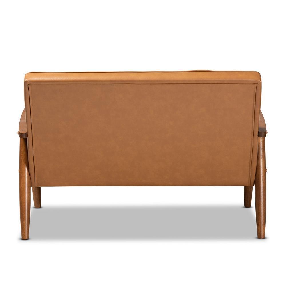 Sorrento Mid-Century Modern Tan Faux Leather Upholstered and Walnut Brown Finished Wood Loveseat FredCo