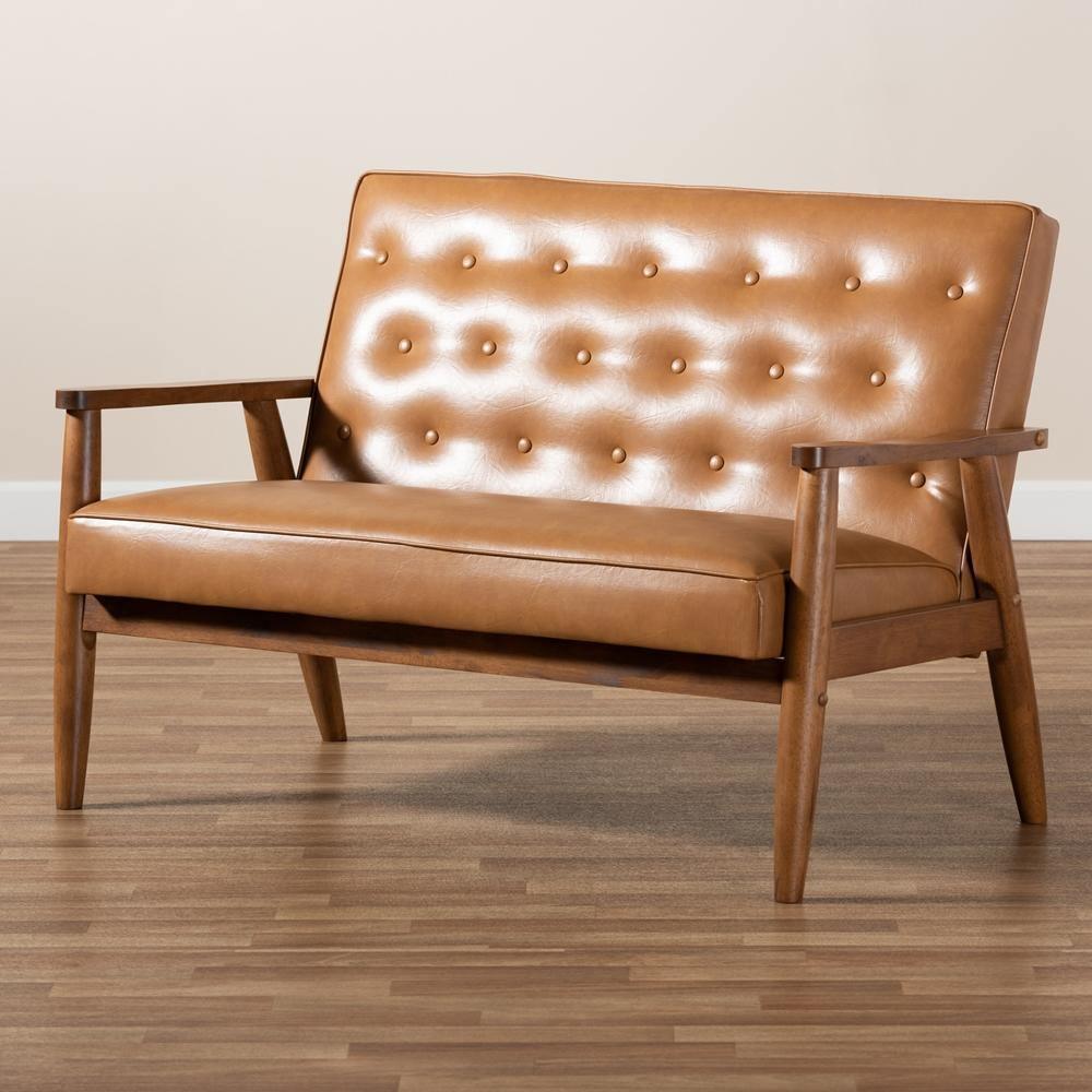Sorrento Mid-Century Modern Tan Faux Leather Upholstered and Walnut Brown Finished Wood Loveseat FredCo