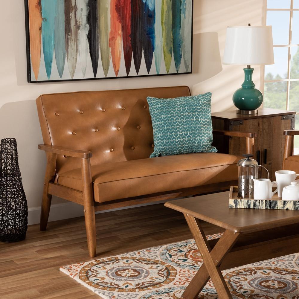 Sorrento Mid-Century Modern Tan Faux Leather Upholstered and Walnut Brown Finished Wood Loveseat FredCo