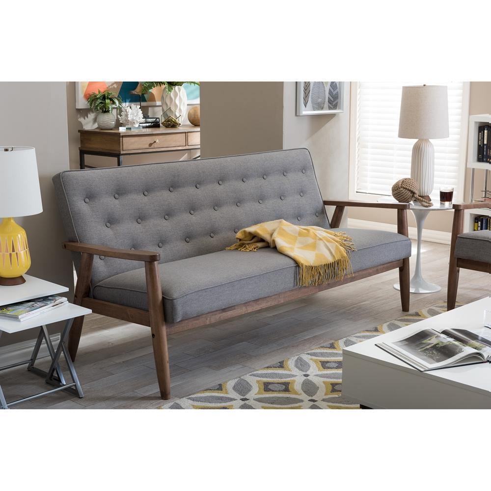 Sorrento Mid-century Retro Modern Grey Fabric Upholstered Wooden 3-seater Sofa FredCo