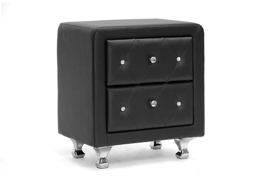 Stella Crystal Tufted Black Upholstered Modern Nightstand FredCo