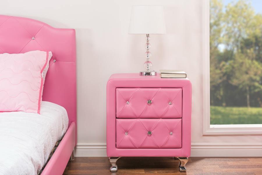 Stella Crystal Tufted Pink Leather Modern Nightstand FredCo