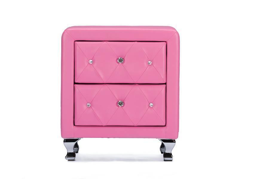Stella Crystal Tufted Pink Leather Modern Nightstand FredCo
