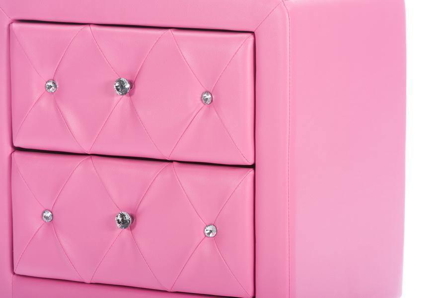 Stella Crystal Tufted Pink Leather Modern Nightstand FredCo