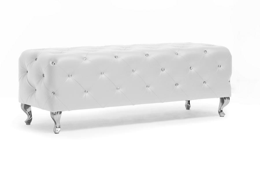 Stella Crystal Tufted White Modern Bench FredCo