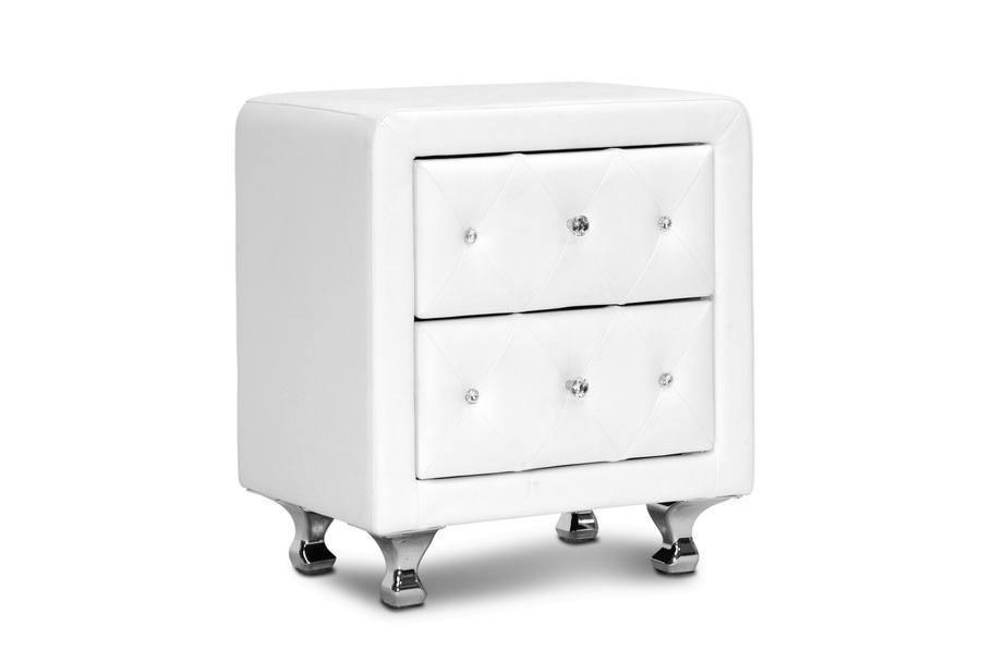 Stella Crystal Tufted White Upholstered Modern Nightstand FredCo
